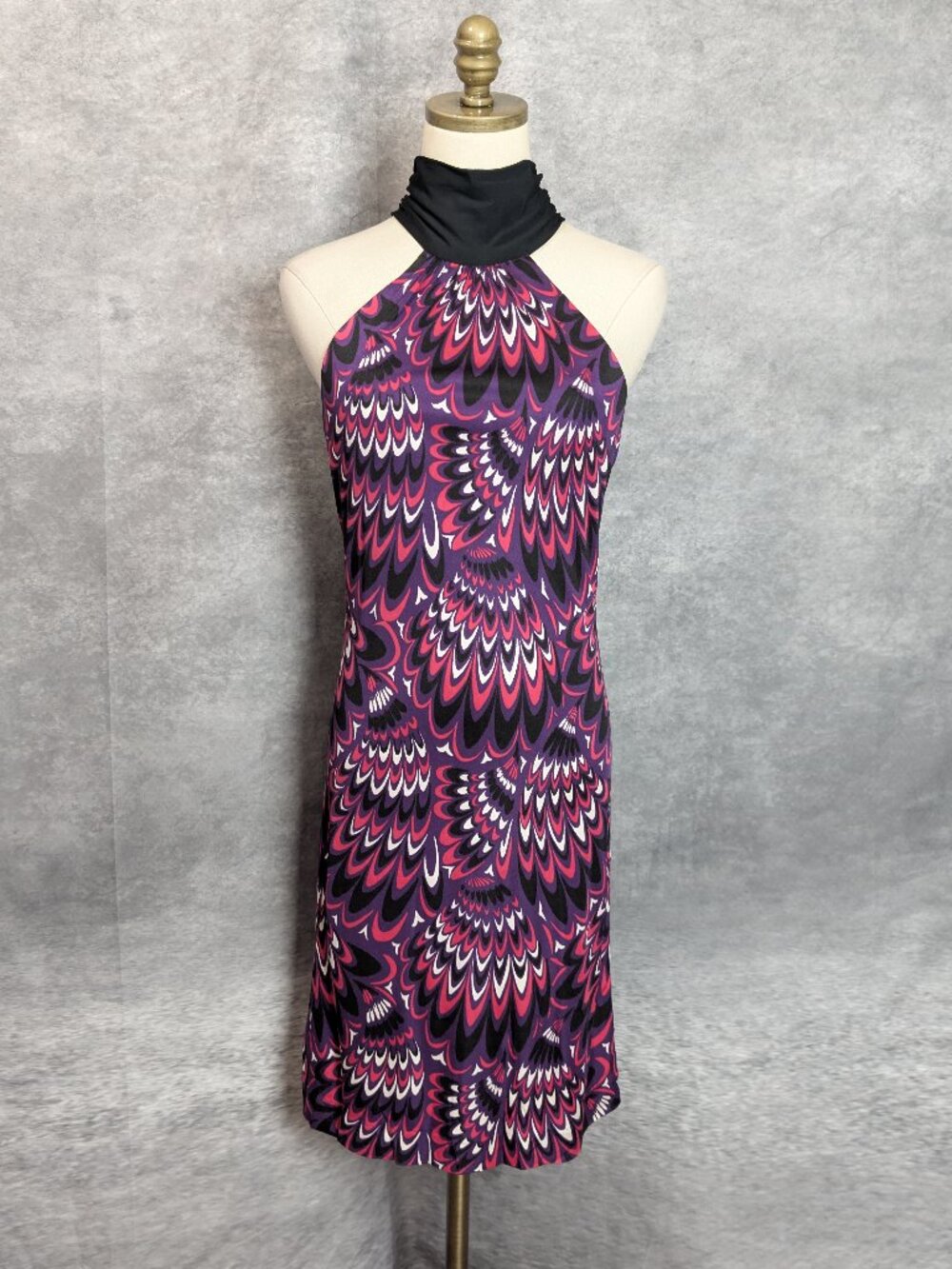 Trina Turk Vintage 60s Mod Psychedelic Fan Print Silk Dress 6 Purple Fuchsia